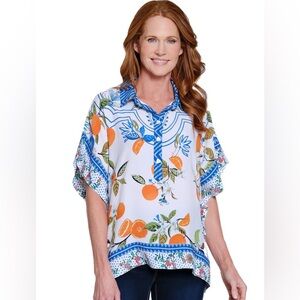 JOHN MARK Tropical Mediterranean Citrus print Button Up Tunic White Blue 0X/1X